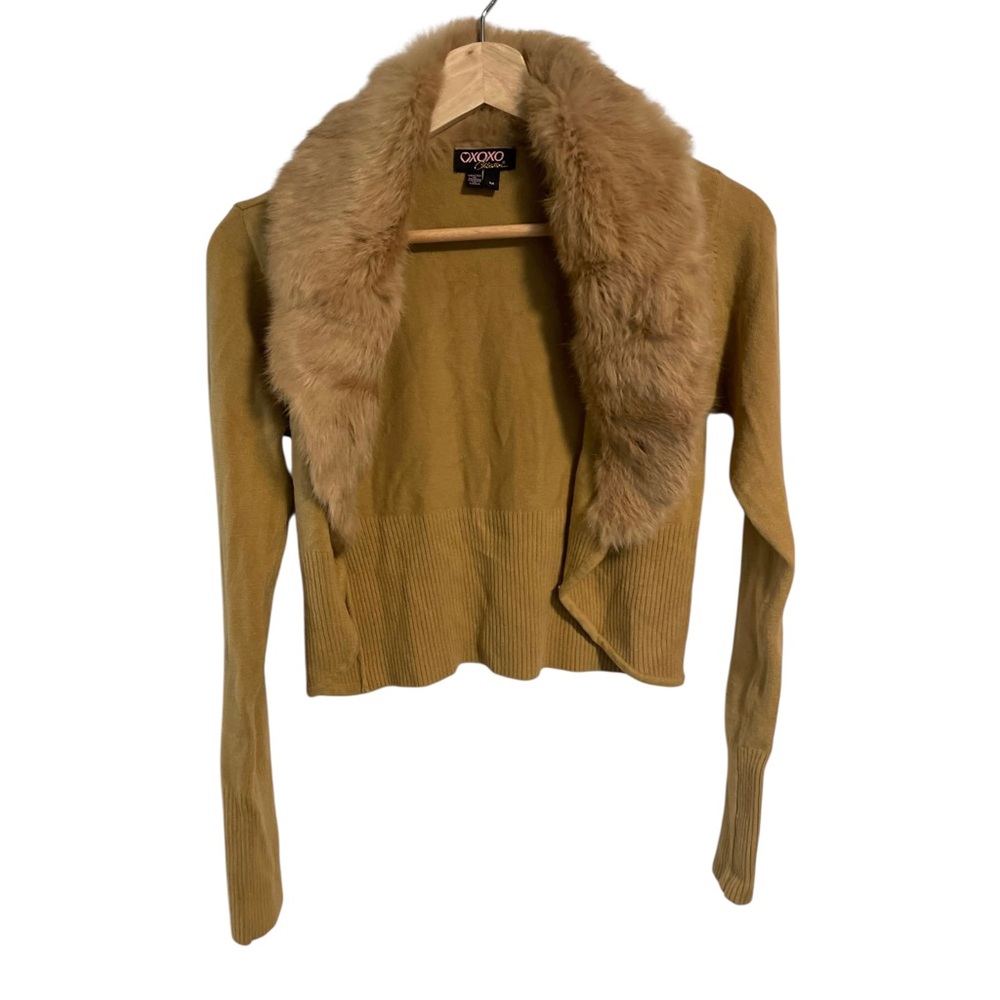 XOXO Collection Brown Rabbit Fur Trim Crop Ribbed Cardigan Sweater Y2K Sz Medium - Picture 5 of 12